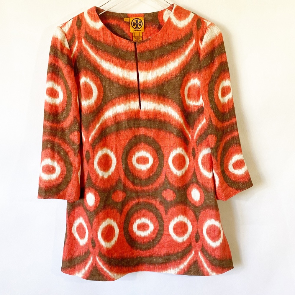 Tory Burch Linen Tunic Top sz 8 Geometric Print